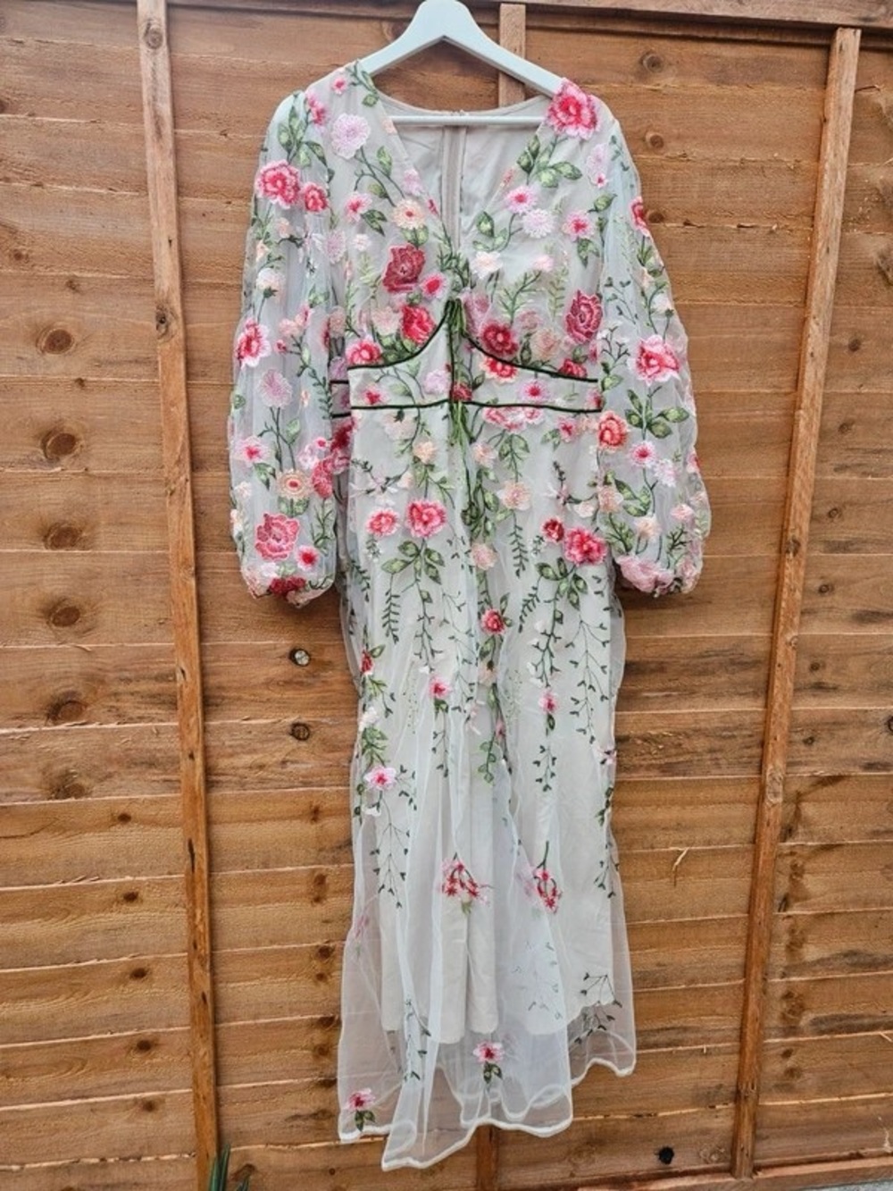 Sheer White Midi Dress with Pink Rose Embroidery